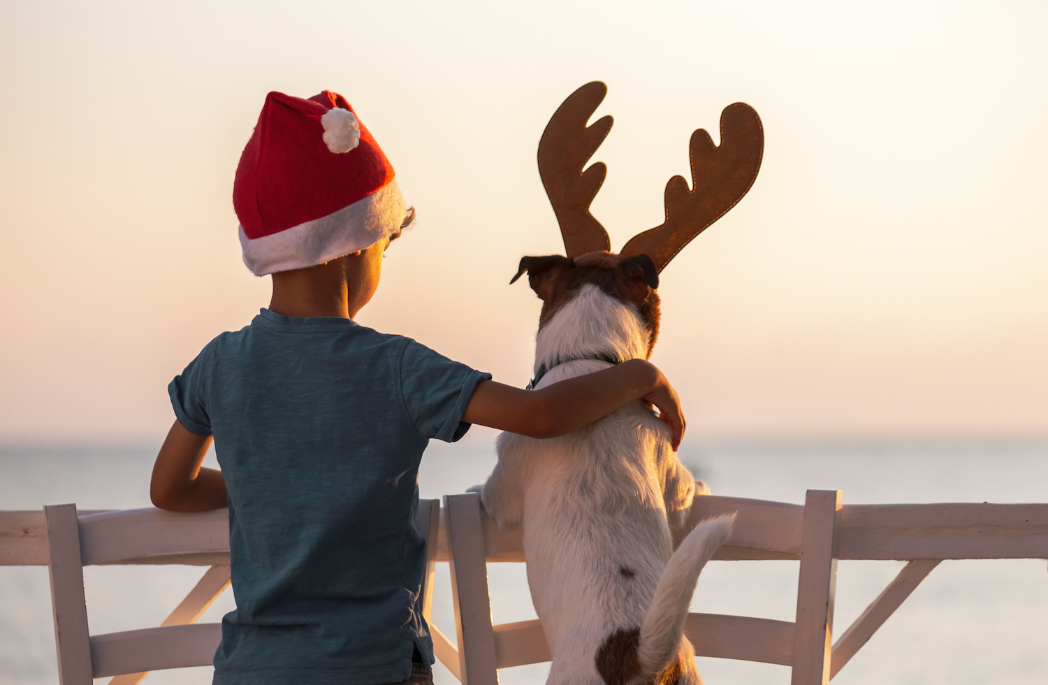 Two friends looking at sunset at sea beach