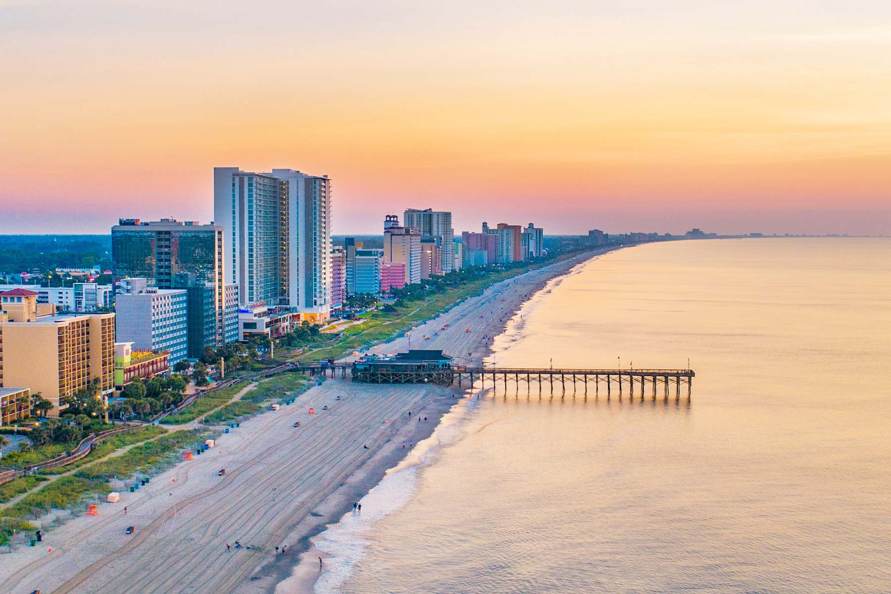 aerial view of north myrtle beach at sunset